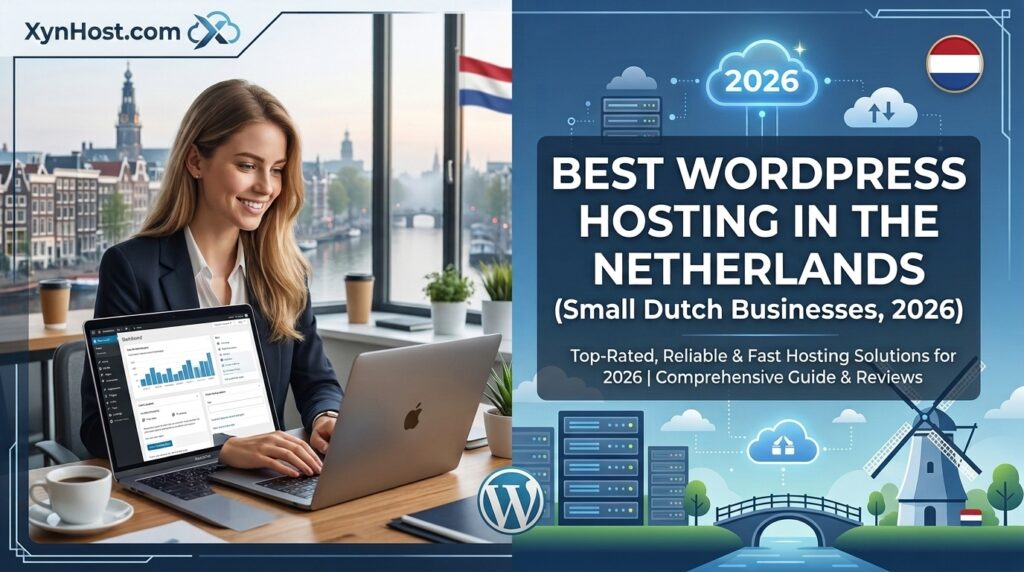 Design a professional blog header image with clean layout, readable typography, and relevant imagery that represents the blog post topic: Best WordPress Hosting in the Netherlands for Small Dutch Businesses (2026)