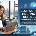 Design a professional blog header image with clean layout, readable typography, and relevant imagery that represents the blog post topic: Best WordPress Hosting in the Netherlands for Small Dutch Businesses (2026)