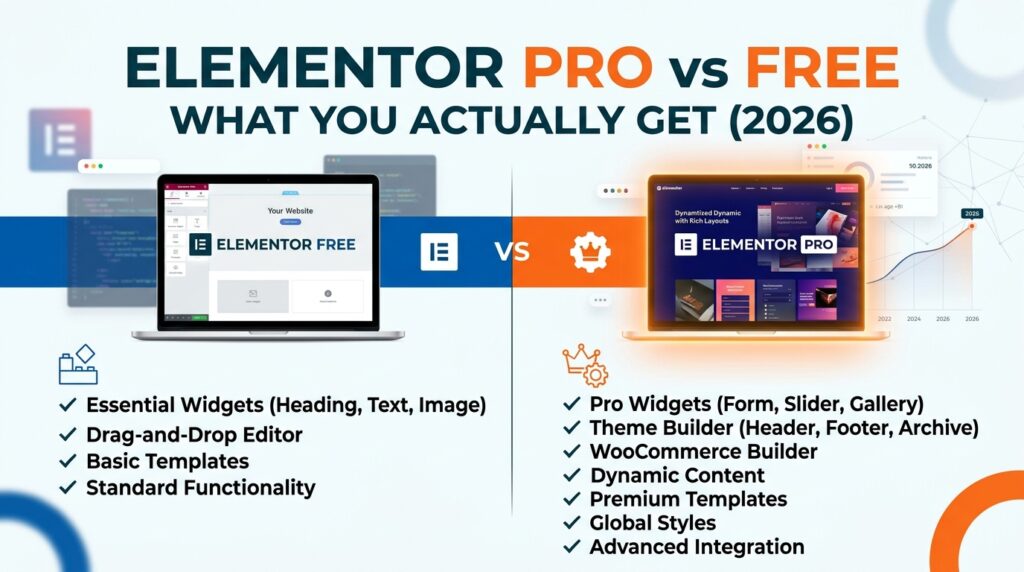 Design a professional blog header image with clean layout, readable typography, and relevant imagery that represents the blog post topic: Elementor Pro vs Free: What You Actually Get (2026)